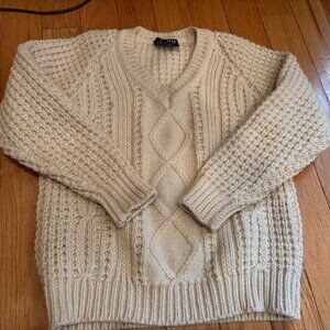 Vintage Kelly Hand Loomed 100% Wool v neck cable sweater Made in Ireland